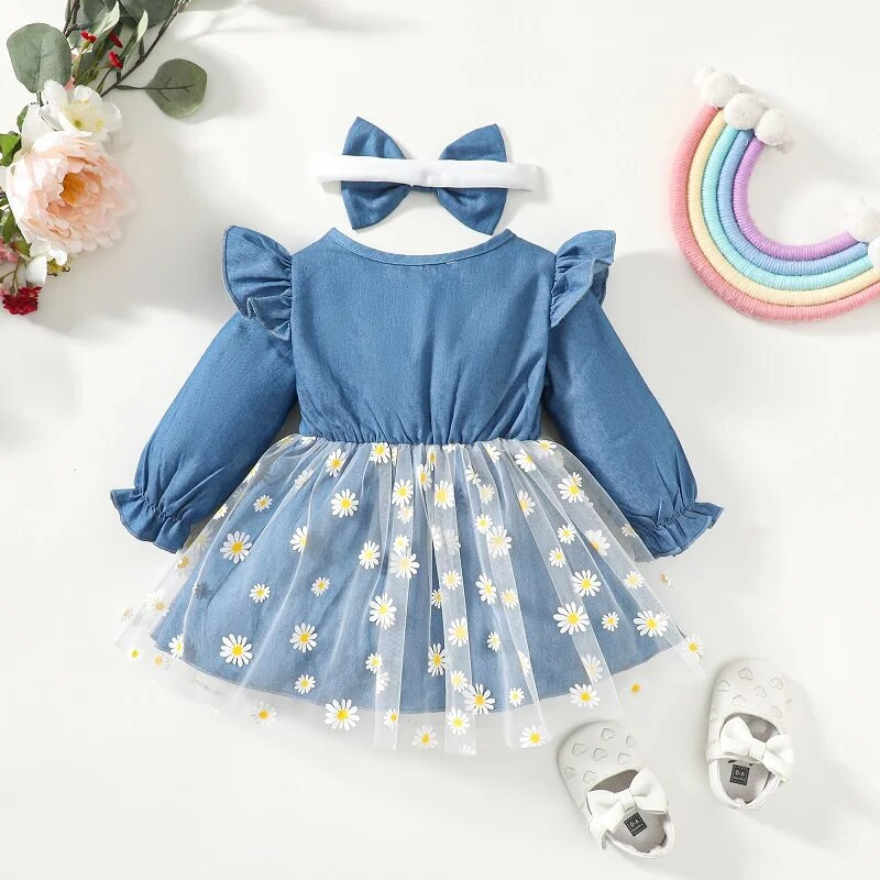 Kislányruha Százszorszép mintás hímzés Hálós farmer patchwork ruha Hosszú ujjú csecsemők divatos ruha tavaszi őszi