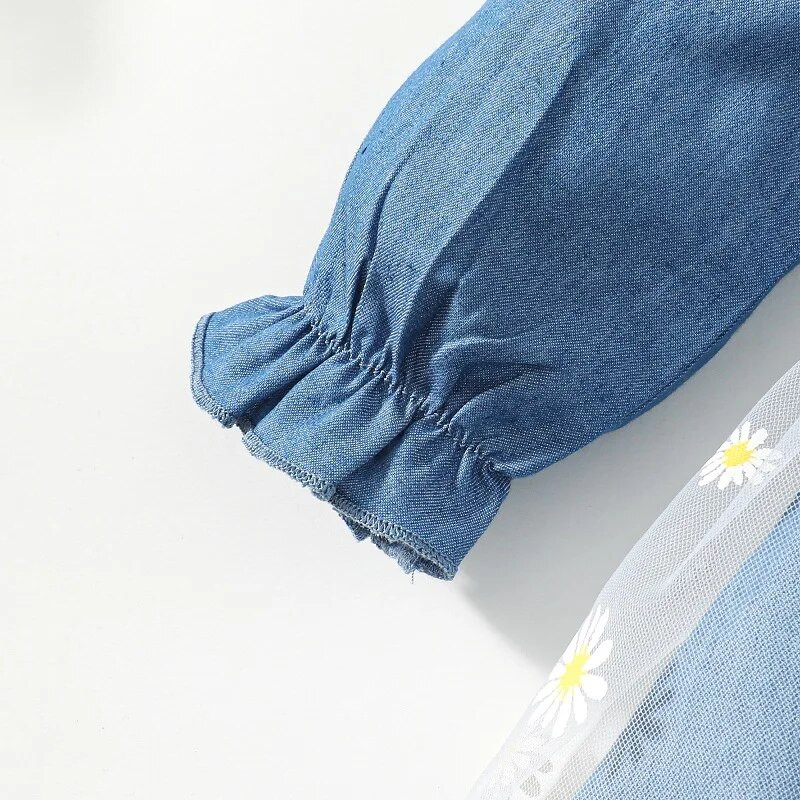 Kislányruha Százszorszép mintás hímzés Hálós farmer patchwork ruha Hosszú ujjú csecsemők divatos ruha tavaszi őszi