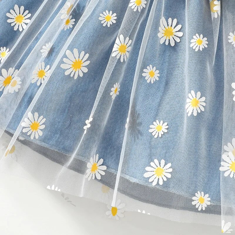 Kislányruha Százszorszép mintás hímzés Hálós farmer patchwork ruha Hosszú ujjú csecsemők divatos ruha tavaszi őszi