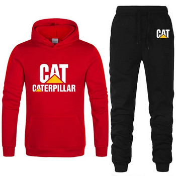 Мъжки спортен костюм с качулка CAT Caterpillar лого с принт Ежедневна качулка+панталон 2 бр. Висококачествен унисекс спортен комплект за джогинг