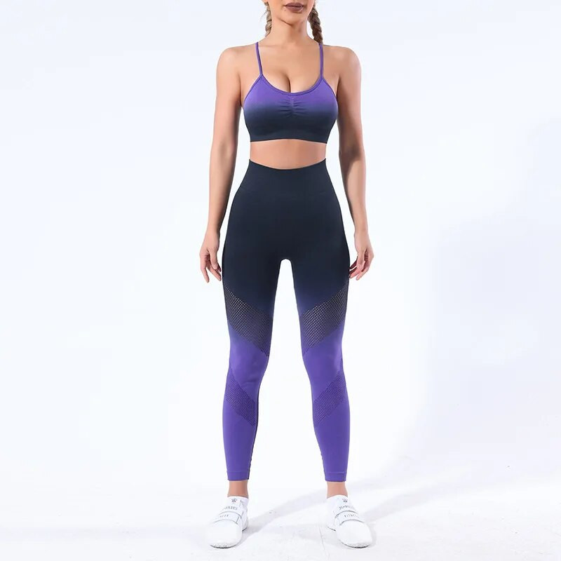 2023-as Hollow Out Seamless Gradient jógakészlet, női sportmelltartó, edzés, atlétikai viselet, fitneszterem, edzés, lábszárvédő, jógaruha