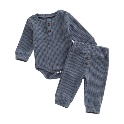 Újszülött Fiúk Lányok Őszi Téli Ruhák Gombos Bordás ing Romper Elasztikus Deréknadrág szett Kötött meleg ruhák