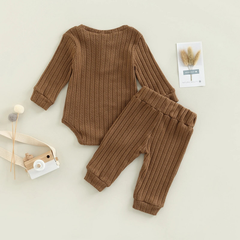 Újszülött Fiúk Lányok Őszi Téli Ruhák Gombos Bordás ing Romper Elasztikus Deréknadrág szett Kötött meleg ruhák