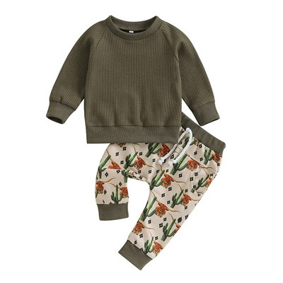 Western baba lány fiú ruhák baba gofri kötött pulóver felső és alkalmi nadrág Cowboy kisgyermek őszi téli ruhák