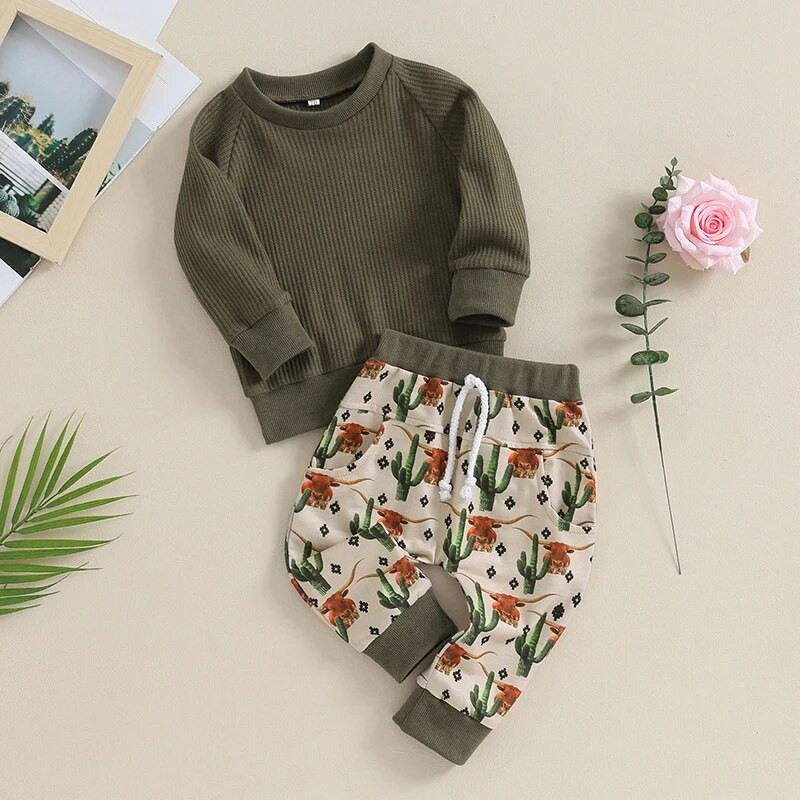 Western baba lány fiú ruhák baba gofri kötött pulóver felső és alkalmi nadrág Cowboy kisgyermek őszi téli ruhák