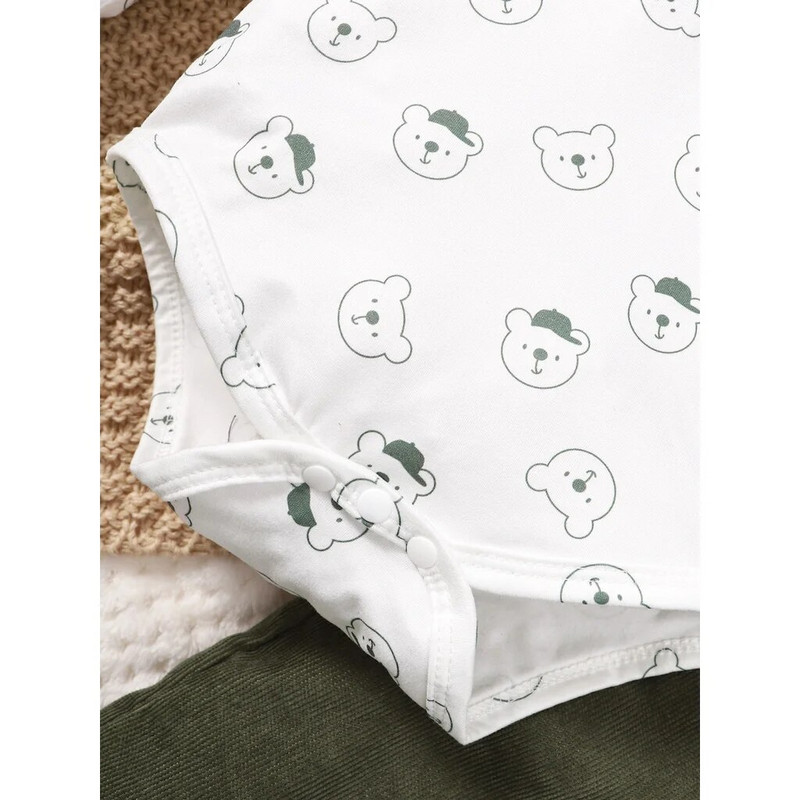 3-24 hónapos totyogó kisfiú és lány 2db ruhakészlet, medvemintás Body, zöld általános divatos, aranyos őszi-téli viselet