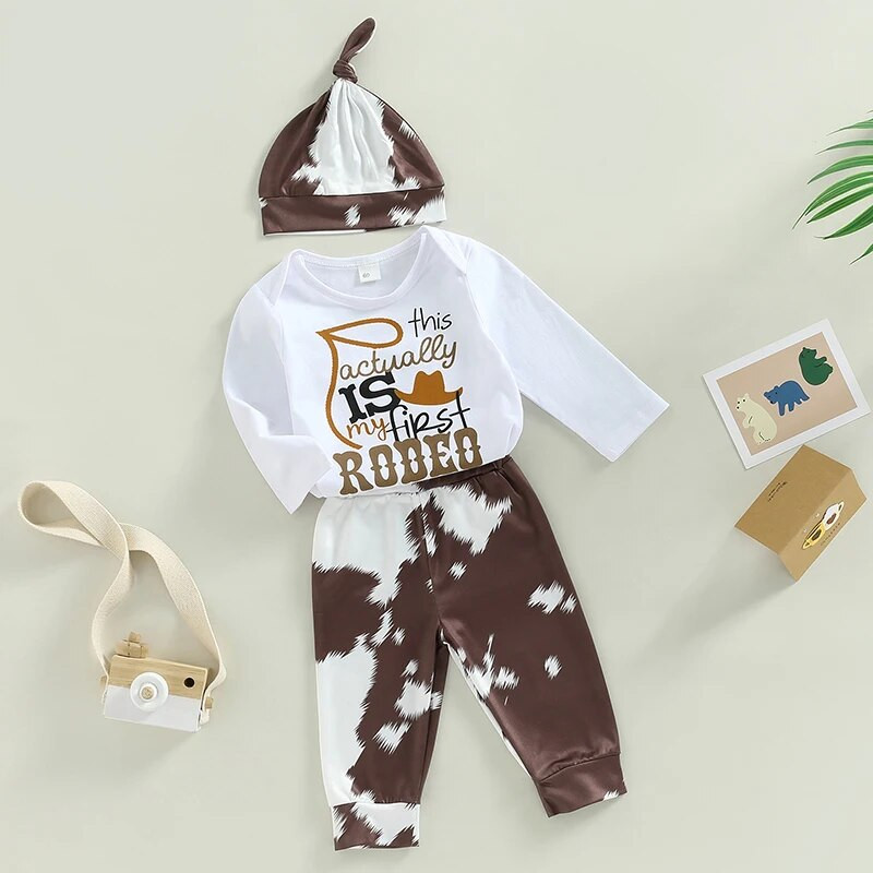 FOCUSNORM 2 szín 3db kisfiú lány őszi ruha szettek 0-18M hosszú ujjú levélmintás nadrág + tehén/ló mintás nadrág + sapka