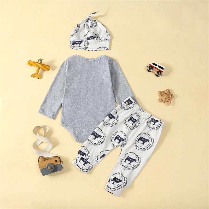 Βρεφικά αγόρια για κορίτσια Φθινοπωρινά ρούχα με μακρυμάνικο στάμπα αγελάδας + παντελόνι + σετ καπέλων νεογέννητα ρούχα