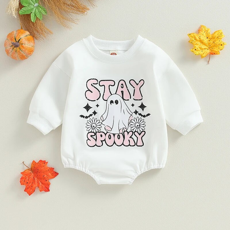 ma&baby 6-24M halloween újszülött csecsemő csecsemő fiú lány jumpsuit levél virágos szellemmintás hosszú ujjú ruha