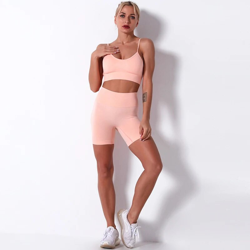 Γυναικεία στολή γιόγκα χωρίς ραφή 2 τεμαχίων γυμναστικής ψηλόμεσο κολάν/σορτς με αθλητικό σουτιέν Crop Tops Μασίφ αθλητική στολή