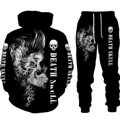 Φθινοπωρινές χειμερινές ανδρικές φόρμες Σετ Κρανία Επιστολή εμπριμέ με κουκούλα Φούτερ Hip HOP Ρούχα Φούτερ Παντελόνια 2 τεμάχια με κουκούλα αθλητική φόρμα