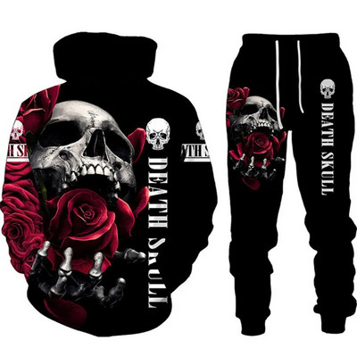 Φθινοπωρινές χειμερινές ανδρικές φόρμες Σετ Κρανία Επιστολή εμπριμέ με κουκούλα Φούτερ Hip HOP Ρούχα Φούτερ Παντελόνια 2 τεμάχια με κουκούλα αθλητική φόρμα