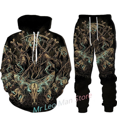 Φθινοπωρινές χειμερινές ανδρικές φόρμες Σετ Κρανία Επιστολή εμπριμέ με κουκούλα Φούτερ Hip HOP Ρούχα Φούτερ Παντελόνια 2 τεμάχια με κουκούλα αθλητική φόρμα