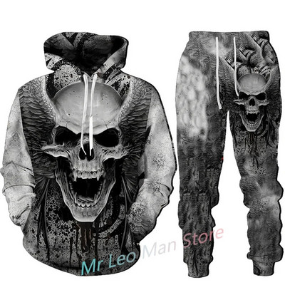 Φθινοπωρινές χειμερινές ανδρικές φόρμες Σετ Κρανία Επιστολή εμπριμέ με κουκούλα Φούτερ Hip HOP Ρούχα Φούτερ Παντελόνια 2 τεμάχια με κουκούλα αθλητική φόρμα