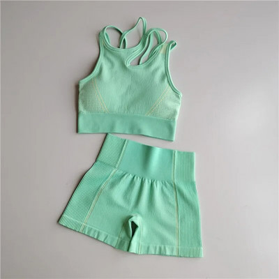 Edzőruhák Női Zökkenőmentes Jóga Sportruhák Sportmelltartó felső+Magas derekú Fitnesz rövidnadrág 2 részes tornakészlet Futósportruházat