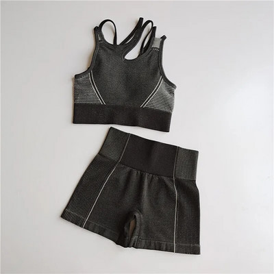 Edzőruhák Női Zökkenőmentes Jóga Sportruhák Sportmelltartó felső+Magas derekú Fitnesz rövidnadrág 2 részes tornakészlet Futósportruházat