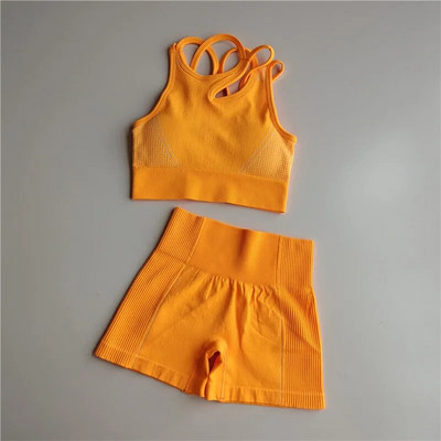 Edzőruhák Női Zökkenőmentes Jóga Sportruhák Sportmelltartó felső+Magas derekú Fitnesz rövidnadrág 2 részes tornakészlet Futósportruházat