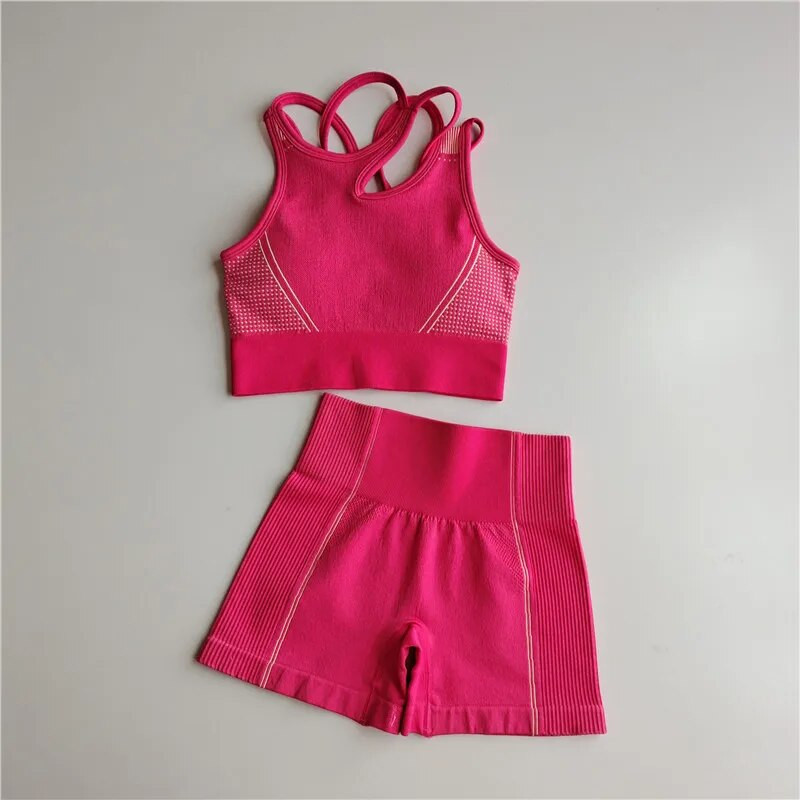 Edzőruhák Női Zökkenőmentes Jóga Sportruhák Sportmelltartó felső+Magas derekú Fitnesz rövidnadrág 2 részes tornakészlet Futósportruházat