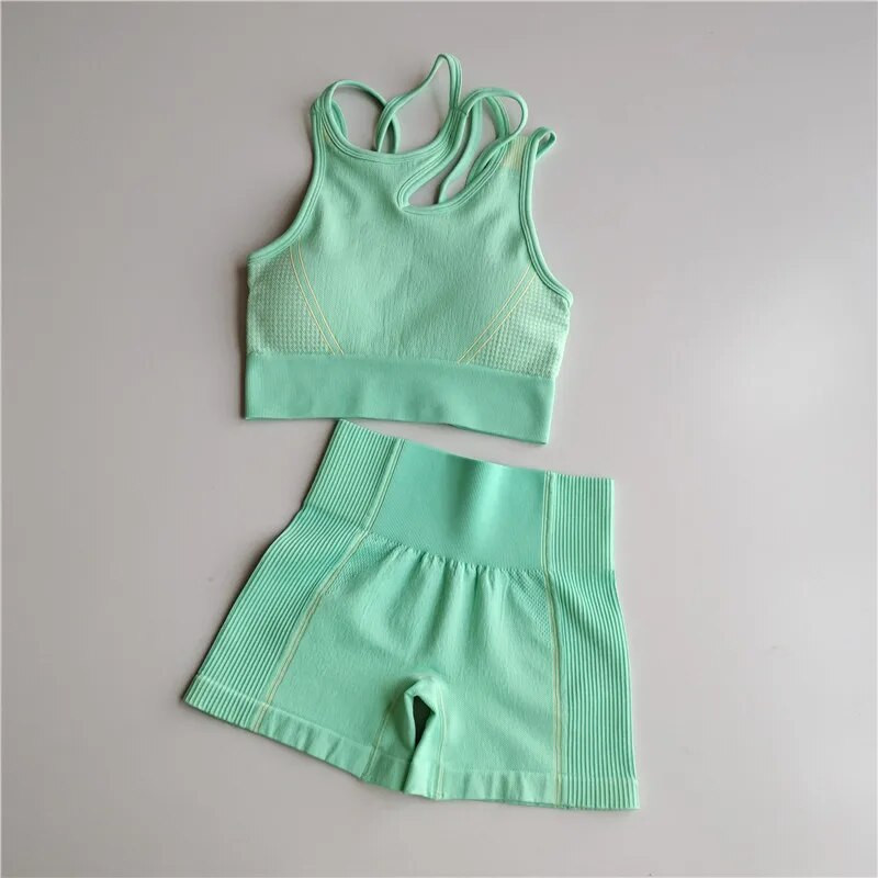 Edzőruhák Női Zökkenőmentes Jóga Sportruhák Sportmelltartó felső+Magas derekú Fitnesz rövidnadrág 2 részes tornakészlet Futósportruházat