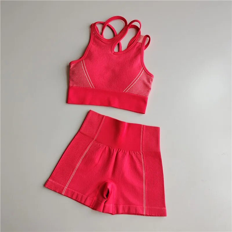 Edzőruhák Női Zökkenőmentes Jóga Sportruhák Sportmelltartó felső+Magas derekú Fitnesz rövidnadrág 2 részes tornakészlet Futósportruházat