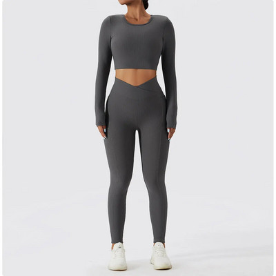 Σετ γιόγκα Νέα γυναικεία αθλητικά ρούχα με ραβδώσεις Γυναικεία αθλητικά σετ Κοστούμια για γυμναστική Ανώμαλο μακρυμάνικο γυμναστήριο Push Up Legging