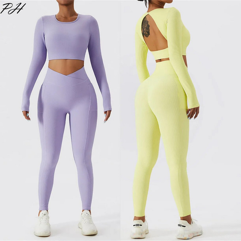 Σετ γιόγκα Νέα γυναικεία αθλητικά ρούχα με ραβδώσεις Γυναικεία αθλητικά σετ Κοστούμια για γυμναστική Ανώμαλο μακρυμάνικο γυμναστήριο Push Up Legging