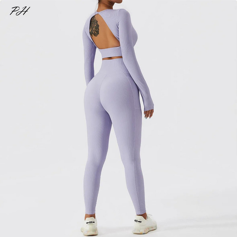 Σετ γιόγκα Νέα γυναικεία αθλητικά ρούχα με ραβδώσεις Γυναικεία αθλητικά σετ Κοστούμια για γυμναστική Ανώμαλο μακρυμάνικο γυμναστήριο Push Up Legging