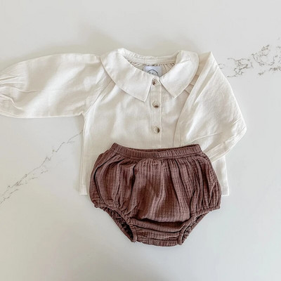 Pavasara apģērbi zīdaiņiem Rudens blūzes ar garām piedurknēm top Organiskās kokvilnas šortu komplekts Atloks Vienkrāsains Vintage Bloomer Bērnu dāvanu uzvalks