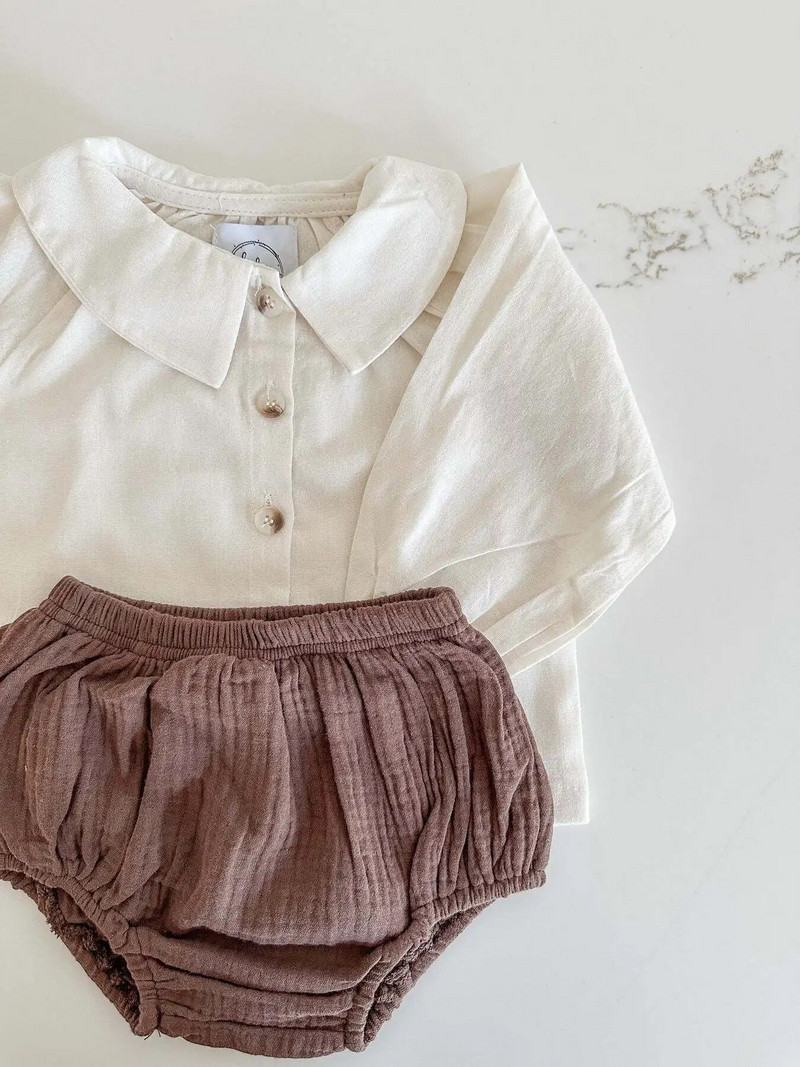 Pavasara apģērbi zīdaiņiem Rudens blūzes ar garām piedurknēm top Organiskās kokvilnas šortu komplekts Atloks Vienkrāsains Vintage Bloomer Bērnu dāvanu uzvalks