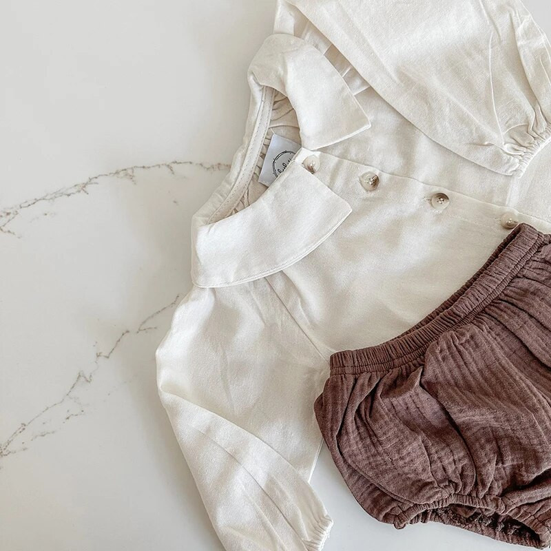 Pavasara apģērbi zīdaiņiem Rudens blūzes ar garām piedurknēm top Organiskās kokvilnas šortu komplekts Atloks Vienkrāsains Vintage Bloomer Bērnu dāvanu uzvalks