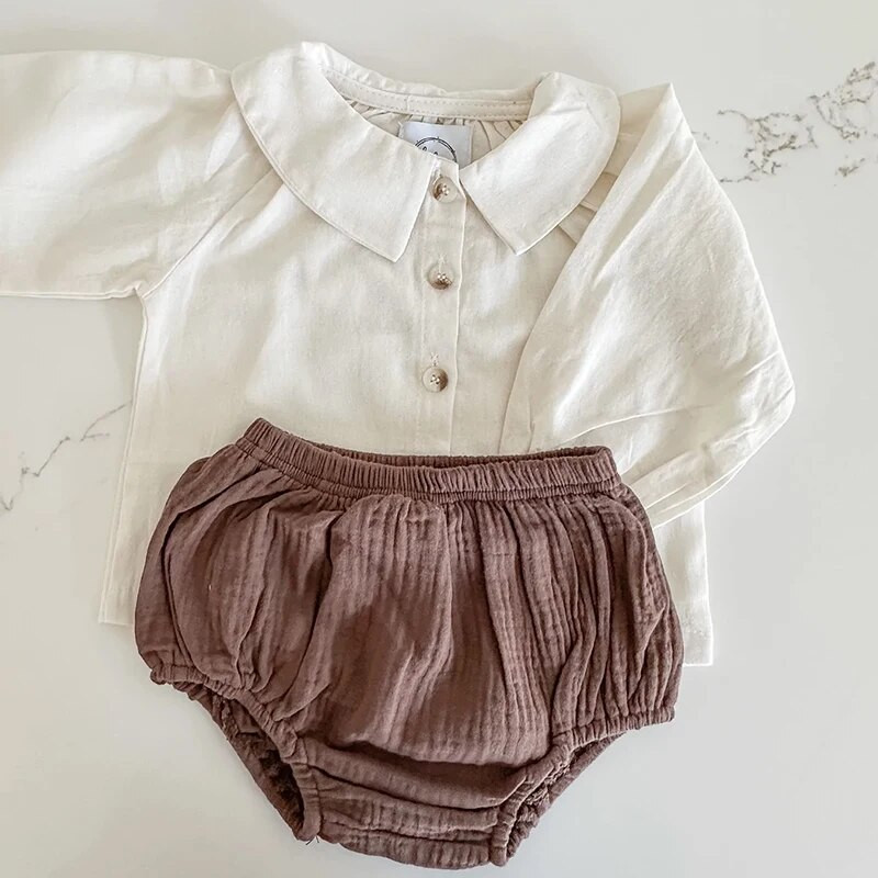 Pavasara apģērbi zīdaiņiem Rudens blūzes ar garām piedurknēm top Organiskās kokvilnas šortu komplekts Atloks Vienkrāsains Vintage Bloomer Bērnu dāvanu uzvalks