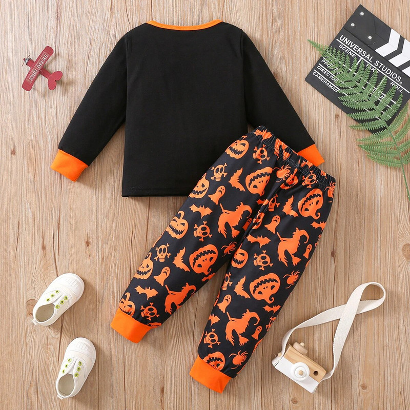 2db őszi fiú hosszú ujjú sütőtök levél nyomott felső + nadrág baba pamut házi ruha öltöny gyerek divat halloween jelmez