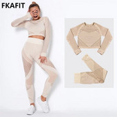 Σετ γιόγκα χωρίς ραφές Γυναικεία ενδύματα γυμναστικής Κούφι μακρυμάνικο Crop Top Κολάν για τρέξιμο 2 τμχ Αθλητικά ρούχα Γυμναστήριο