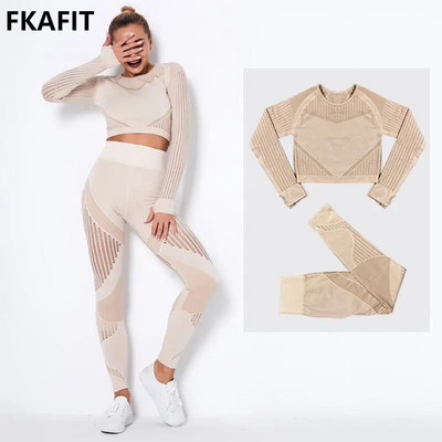 Zökkenőmentes jóga szett Női Fitness Ruházat Vágott hosszú ujjú Crop Top Futó Leggings 2 db Sportruházat Edző tornaruha