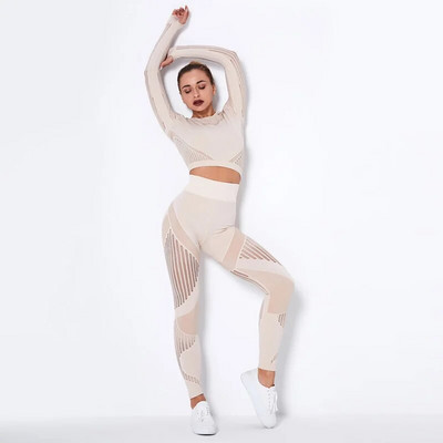 Σετ γιόγκα χωρίς ραφές Γυναικεία ενδύματα γυμναστικής Κούφι μακρυμάνικο Crop Top Κολάν για τρέξιμο 2 τμχ Αθλητικά ρούχα Γυμναστήριο