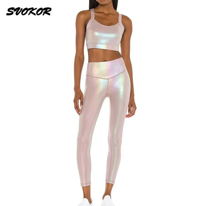 SVOKOR 2db Sportruha Fitness Fényes Sportruházat Női Tornatermi Szettek Edző Jóga Szett Szexi Sportmelltartó Stretch Leggings Tréningruha