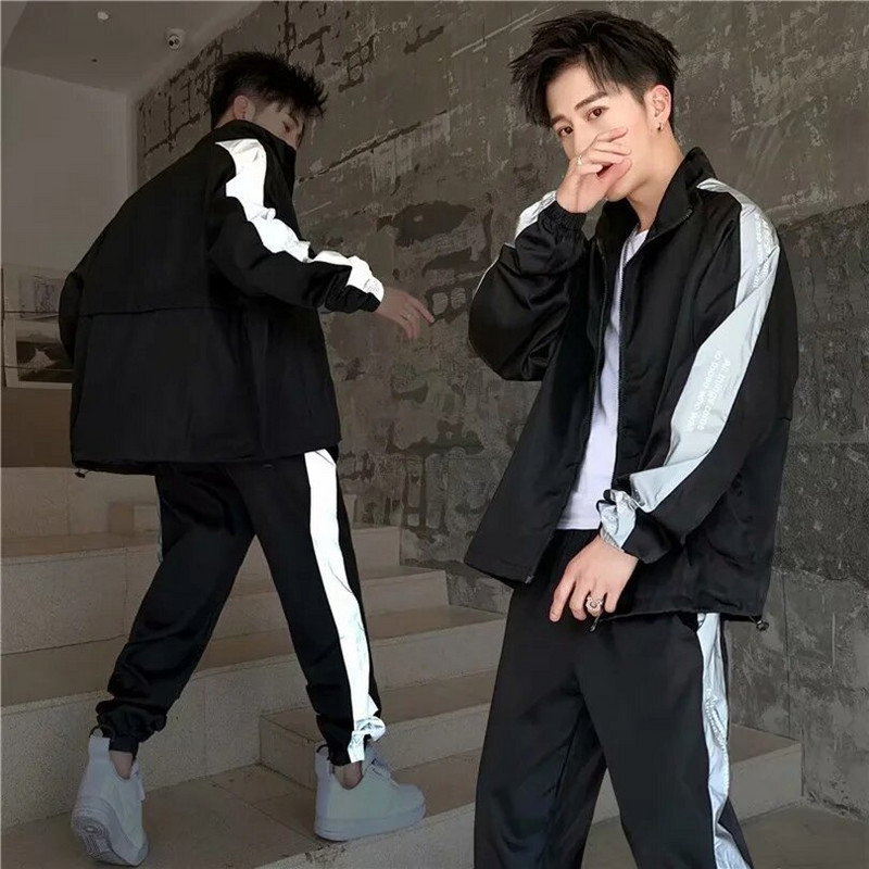 Divdaļīgs sporta kostīms, svītrains atstarojoša jaka un biksēm vīriešiem pavasara vējjaka, skriešanas sporta tērps, tērps Run 2023