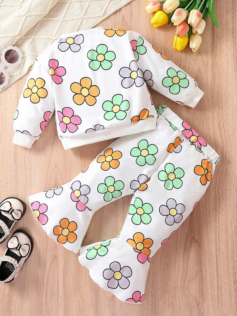 Īpaši piemīlīgs ziedu raksts ar 2 daļīgām piedurknēm mazuļiem + modes bikses ar zvaniņu, ērts rudens un ziemas izbraukuma apģērbs