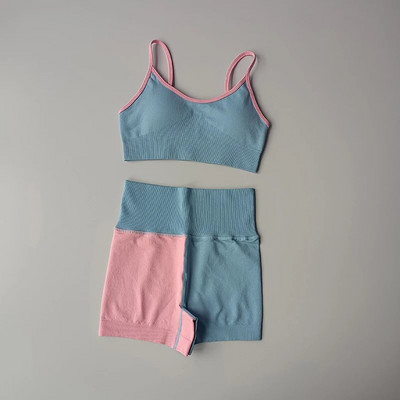 Seamless Patchwork Sieviešu jogas komplekts treniņiem šorti sporta krūšturis 2 gab. sporta tērpi Athletic Fitness apģērbs vasaras treniņtērpa apģērbu komplekts