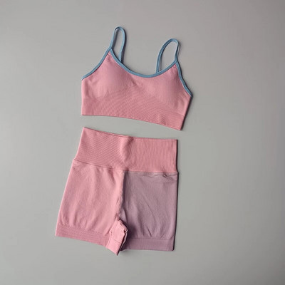 Seamless Patchwork Sieviešu jogas komplekts treniņiem šorti sporta krūšturis 2 gab. sporta tērpi Athletic Fitness apģērbs vasaras treniņtērpa apģērbu komplekts