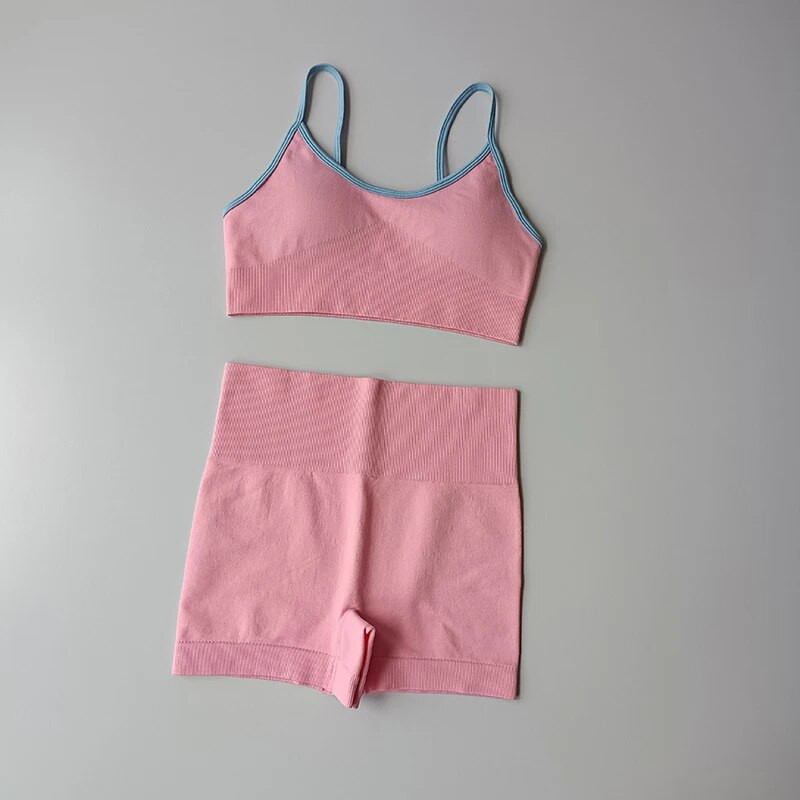 Seamless Patchwork Sieviešu jogas komplekts treniņiem šorti sporta krūšturis 2 gab. sporta tērpi Athletic Fitness apģērbs vasaras treniņtērpa apģērbu komplekts