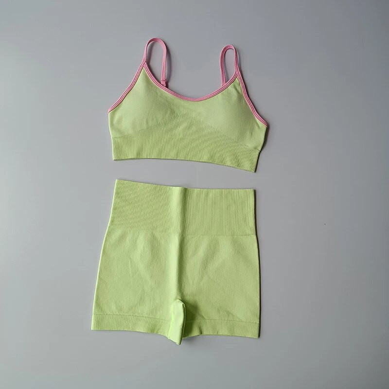 Seamless Patchwork Sieviešu jogas komplekts treniņiem šorti sporta krūšturis 2 gab. sporta tērpi Athletic Fitness apģērbs vasaras treniņtērpa apģērbu komplekts