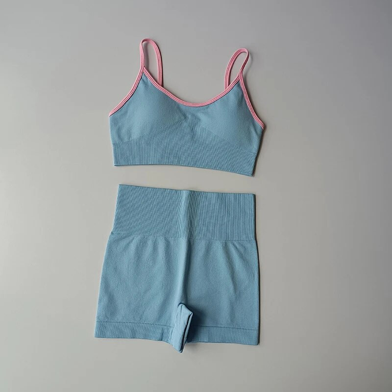 Seamless Patchwork Sieviešu jogas komplekts treniņiem šorti sporta krūšturis 2 gab. sporta tērpi Athletic Fitness apģērbs vasaras treniņtērpa apģērbu komplekts