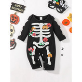 Helovīna 0–9 mēneši, zīdaiņu un zēnu bodijs, melns ar garām piedurknēm galvaskauss, ķirbju apdruka, modes apģērbs brīvdienu stilā