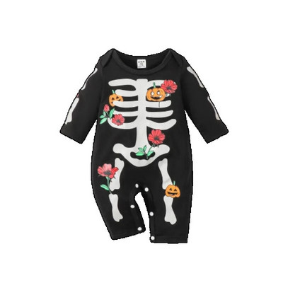 Helovīna 0–9 mēneši, zīdaiņu un zēnu bodijs, melns ar garām piedurknēm galvaskauss, ķirbju apdruka, modes apģērbs brīvdienu stilā