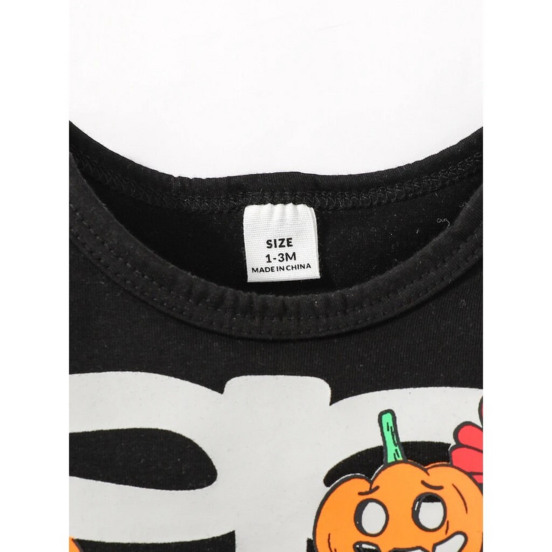 Helovīna 0–9 mēneši, zīdaiņu un zēnu bodijs, melns ar garām piedurknēm galvaskauss, ķirbju apdruka, modes apģērbs brīvdienu stilā