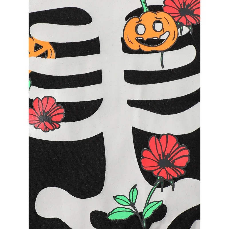 Helovīna 0–9 mēneši, zīdaiņu un zēnu bodijs, melns ar garām piedurknēm galvaskauss, ķirbju apdruka, modes apģērbs brīvdienu stilā