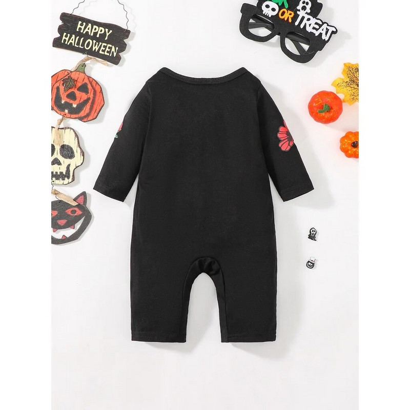 Helovīna 0–9 mēneši, zīdaiņu un zēnu bodijs, melns ar garām piedurknēm galvaskauss, ķirbju apdruka, modes apģērbs brīvdienu stilā