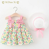 Καλοκαιρινά φορέματα για κοριτσάκια Φόρεμα λουλουδιών φιόγκο Ζαρτιέρες παραλίας Μόδα νήπιο φόρεμα για κορίτσια Παιδικό φόρεμα αποστολή καπέλο μωρό φόρεμα