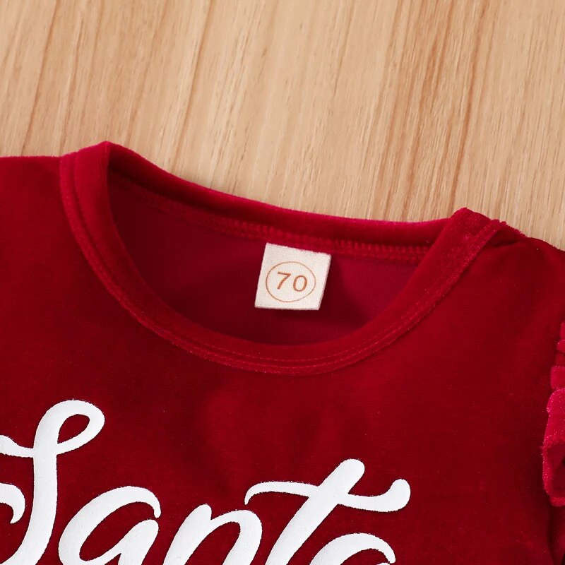 Kisgyermek csecsemő baba lányok karácsonyi ruha szettek hosszú ujjú fodros betűkkel nyomott bársony bodyk + lobogó nadrágok + sapka karácsonyi ruhák